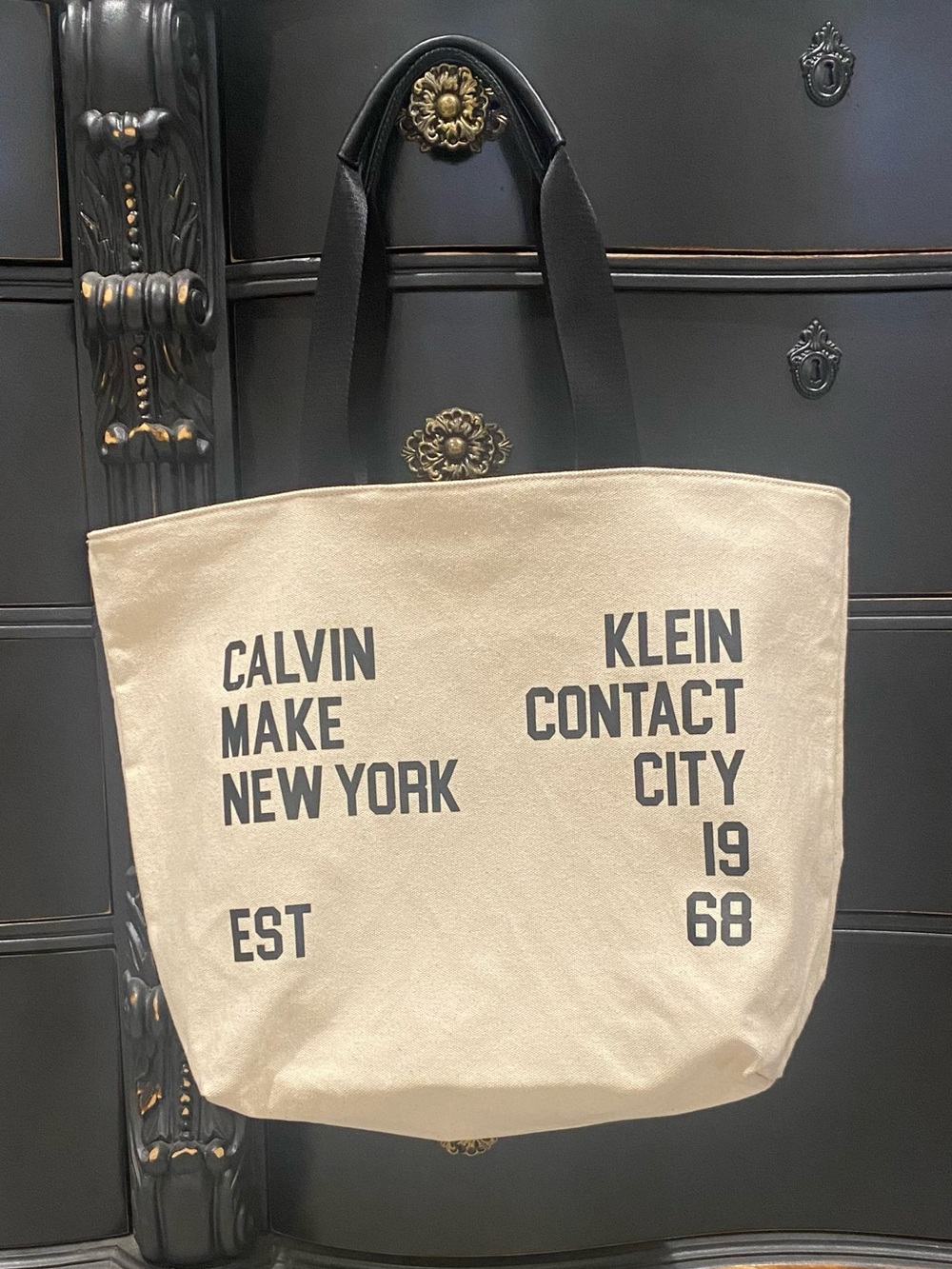 Calvin Klein Natural Selina Canvas Tote with Black Trim